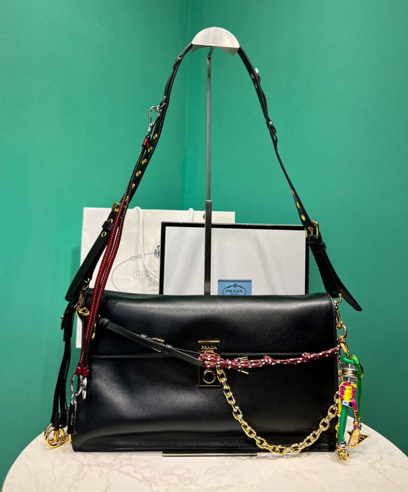 Prada Soft Sound Large Leather Shoulder Bag With Charms 1BD378 Black